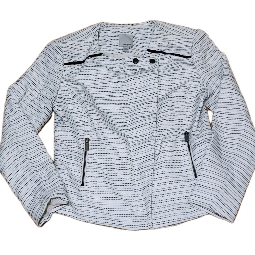Halogen Blazer S White Black Striped Moto Jacket Asymmetrical Zip Pockets